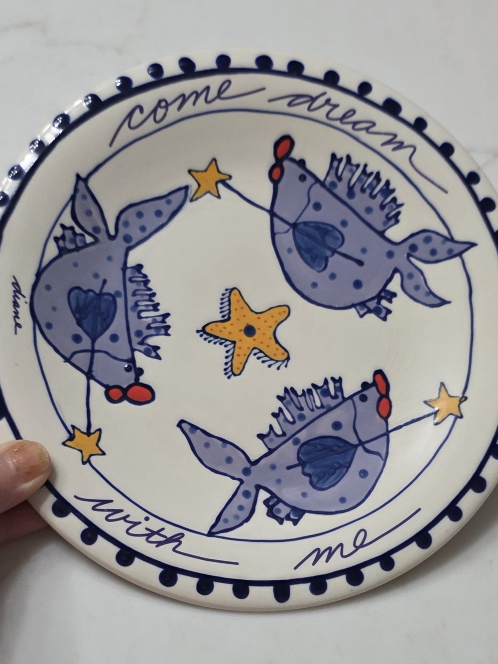 Diane Artware-Whimsical Ceramic Plate,Blue Fish Star Motif, "Come Dream with Me"
